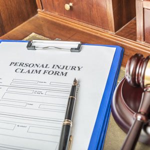 A personal injury claim form on a desk with a gavel